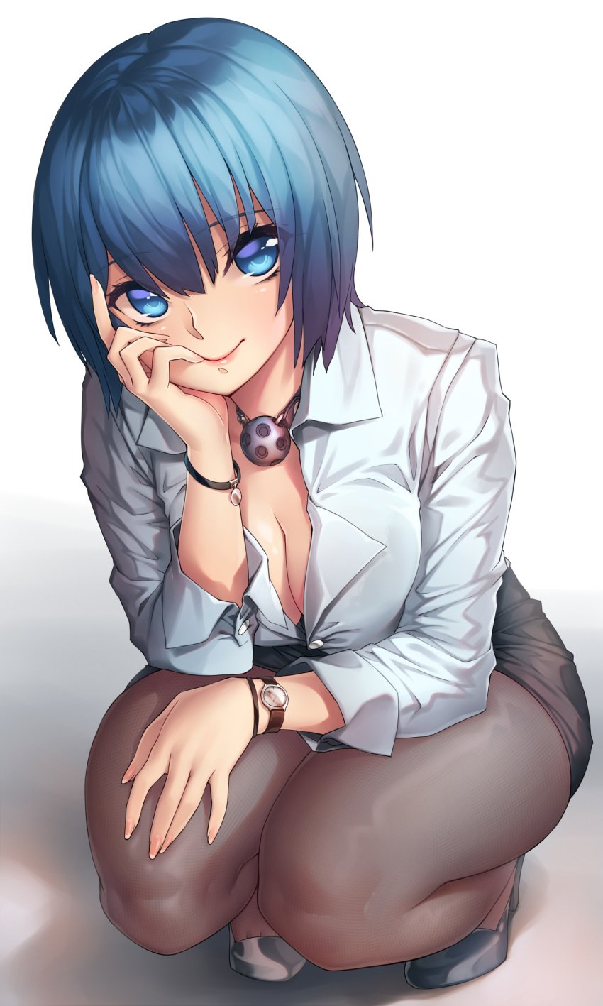 1girls ball_gag black_skirt blue_eyes blue_hair breasts gag gag_around_neck head_rest high_heels large_breasts looking_at_viewer naidong office_lady original pantyhose pencil_skirt shirt short_hair skirt white_shirt wristwatch