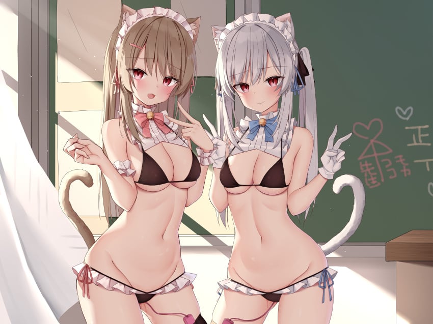 2girls bikini blonde_hair breasts cat_bell cat_ears cat_tail catgirl chalkboard double_v gloves hairclip kamu_(geeenius) large_breasts long_hair looking_at_viewer maid maid_bikini maid_headdress maid_swimsuit maid_uniform medium_breasts midriff multiple_girls navel original red_eyes swimsuit thigh_strap twintails v vibrator vibrator_in_thigh_strap vibrator_under_clothes white_hair