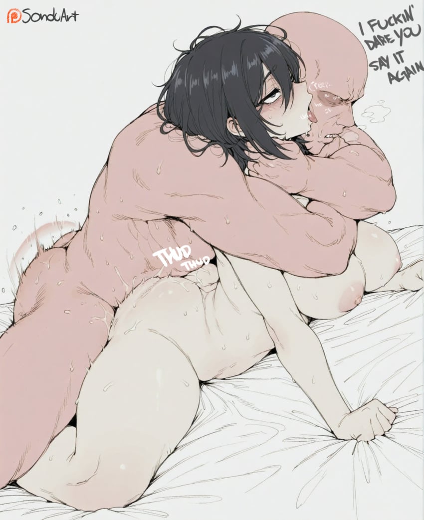 1boy ahe_gao ai_generated arm_support asphyxiation ass attack_on_titan bald bed_sheet black_eyes black_hair blush boy_on_top breasts completely_nude dark-skinned_male dark_skin english_text faceless faceless_male female french_kiss from_side hair_between_eyes kissing large_breasts lying male manly medium_hair mikasa_ackerman motion_lines muscular muscular_male nipples nude on_stomach open_mouth prone_bone rolling_eyes saliva sex sex_from_behind sheet_grab short_hair simple_background sondu straight strangling sweat thighs tongue tongue_out white_background