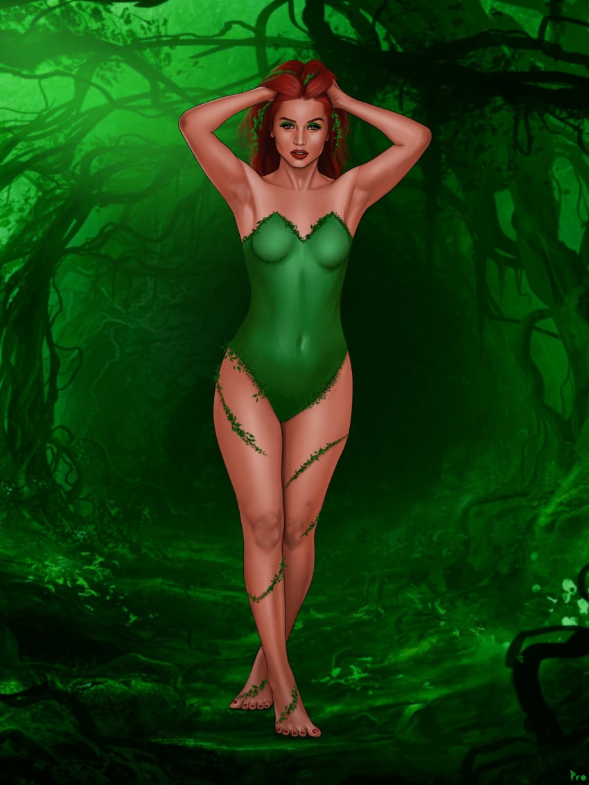 actress ana_de_armas celebrity celebrity_cosplay clothed cosplay dc_comics dc_cosplay ginger green_background green_leotard holding_hair hourglass_figure plants poison_ivy_(cosplay) pro_lit_art standing vines