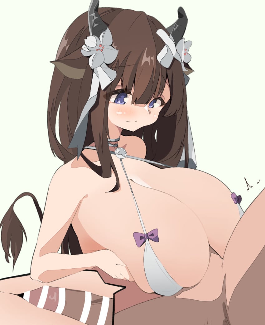 1boy 1girls azur_lane bar_censor big_breasts bikini bikini_top blue_eyes blush breasts breasts_bigger_than_head brown_hair brunette brunette_hair consensual_paizuri consenting_female covered_paizuri cow_girl cow_horns cow_humanoid cross_section engulfing_paizuri horns huge_breasts internal_cleavage kashino_(azur_lane) kashino_(hot_springs_relaxation)_(azur_lane) lifting_breasts light-skinned_female light-skinned_male light_skin official_alternate_costume paizuri paizuri_under_bikini perpendicular_paizuri purple_eyes ribbons_on_horns sakura_empire_(azur_lane) ship_girl ship_humanoid skinship spy_artservice swimsuit_paizuri swimzuri tagme twitch_lines worried_expression worried_look