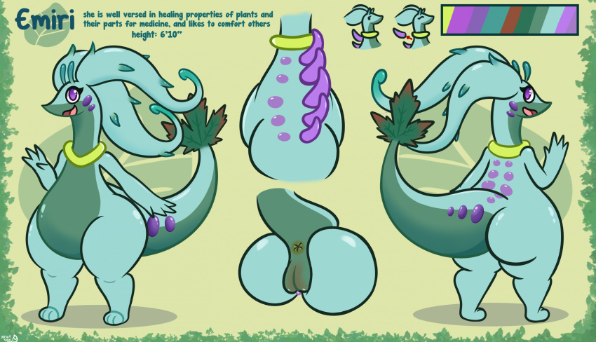 anthro anus arturfox ass big_butt english_text female generation_6_pokemon genitals goodra green_body hi_res model_sheet nintendo pokemon pokemon_(species) purple_eyes pussy solo tail text