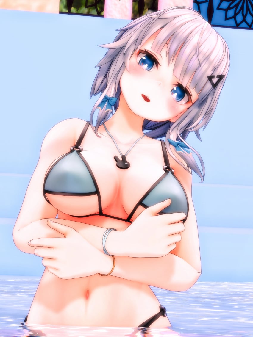 1girls 2022 3d_(artwork) belly_button below_view bikini blue_bowtie blue_eyes breasts embodiment_of_scarlet_devil hairpin human light-skinned_female looking_at_viewer mmd necklace pool sakuya_izayoi solo_female solo_focus submerged swimsuit touhou water white_hair white_hair_female yabuinu_mmder