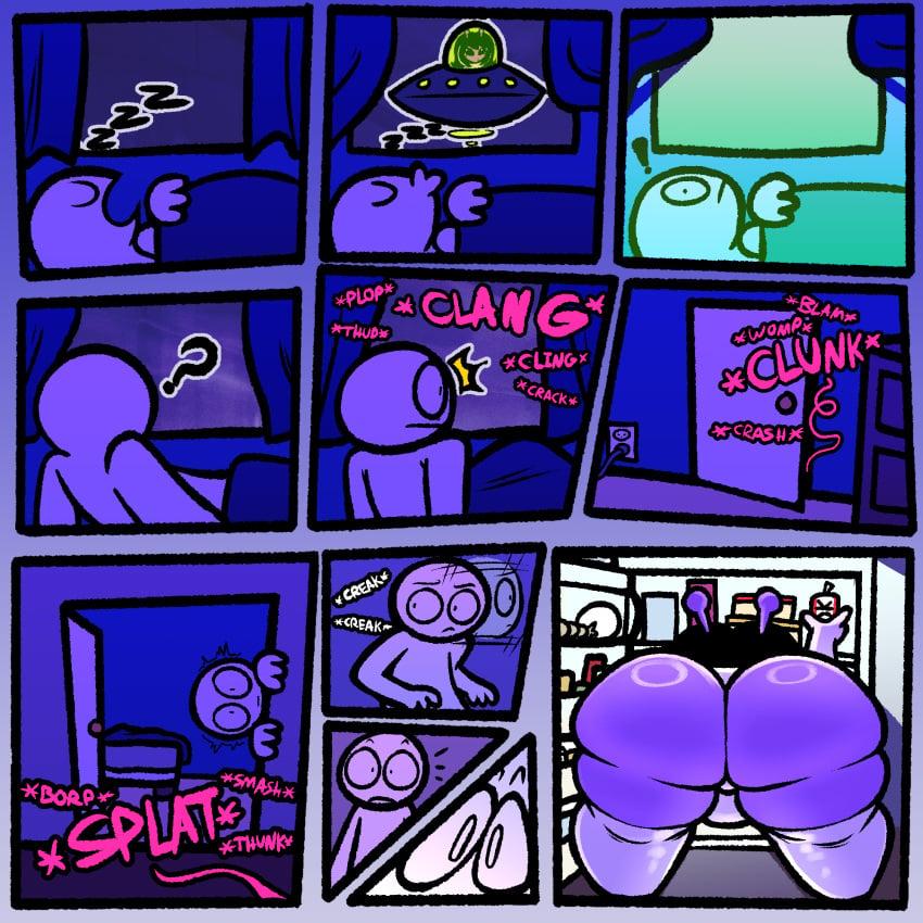 alien antennae ass ati_(rt_afterhours) back_view bedroom bending_over big_ass big_butt boots bright_light comic comic_page confused dark_room fridge hi_res huge_ass huge_butt latex_stockings night onomatopoeia purple_skin rt_afterhours scared shiny_ass shortstack sleeping spaceship surprised thick_thighs thunder_thighs waking_up white_skin