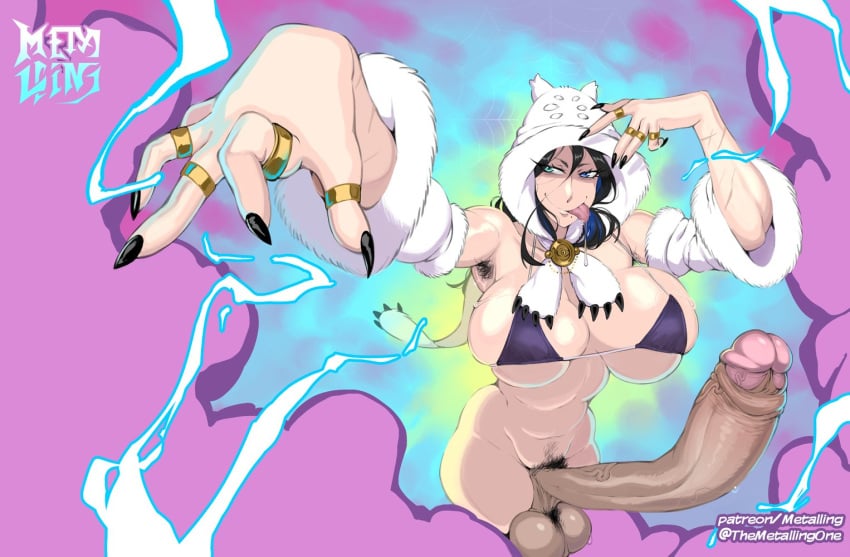 1futa armpit_hair balls big_breasts big_penis breasts clothed clothing erection futa_only futanari high-angle_view huge_cock human intersex light-skinned_futa light-skinned_futanari light_skin long_penis magic metalling mostly_nude nude penis rasputin_(metalling) tongue_out