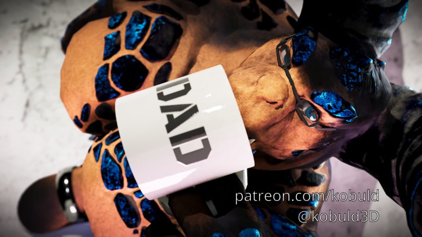 anthro clothed clothing clover_(disambiguation) deathclaw eyewear fallout glasses hi_res hyper kaiju kobuld lizard microsoft muscular one_male outside partially_clothed pecs piercing pits raised_arms reptile scalie sipping_coffee skimpy solo standing