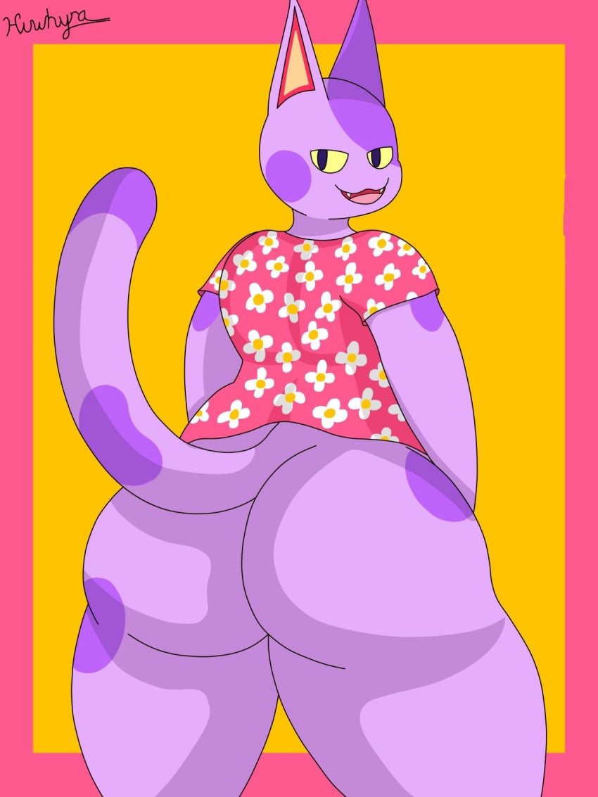 :3 animal_crossing bob_(animal_crossing) cat_ears cat_tail feline feline floral_print floral_shirt furry furry_male huwhyra looking_at_viewer male male_only non-human purple_body purple_fur simple_background