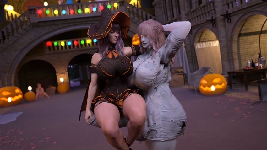 1futa 1girls 3d 3d_model alis_(auditour) auditour balls breasts female futanari ghost_futa ghost_girl halloween holidays huge_breasts light-skinned_female light_skin lustful_eyes original_characters sophie_(auditour) tagme tall_woman testicles