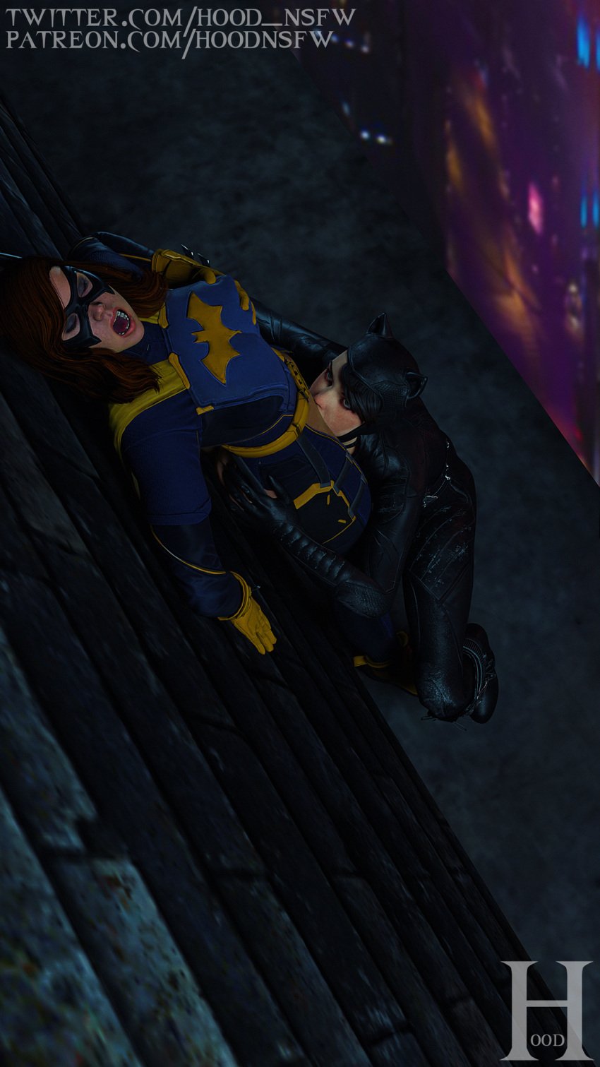 2girls 3d age_difference batgirl batgirl_(gotham_knights) batman:_arkham_knight batman_(series) catwoman catwoman_(arkham) catwoman_(arkham_knight) cunnilingus dc dc_comics female gotham_knights hood_nsfw open_mouth oral oral_sex pleasure_face selina_kyle yuri