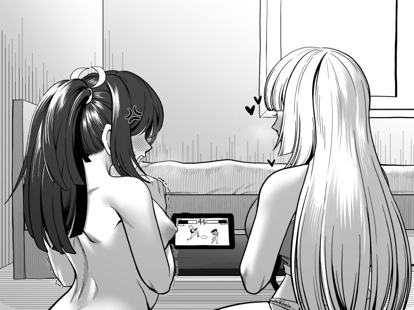 1futa 1girls angry bed bedroom belly belly_bulge blush breasts capcom clothed clothed_female clothing completely_nude_female cumflated_belly cumflation emilie_de_rochefort fatal_fury female futa_on_female futanari huge_breasts intersex king_of_fighters long_hair mai_shiranui monochrome nintendo nintendo_controller nintendo_switch nipples queen&#039;s_gate sitting snk stomach_bulge tekken tekkin_papa trembling video_games