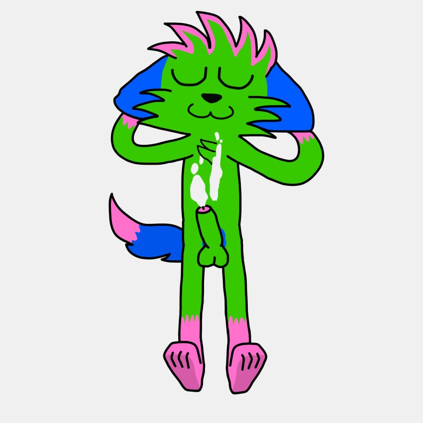 anthro balls binehoad blue_ears blue_tail bodily_fluids cheek_tuft cum facial_tuft fur genital_fluids genitals green_body green_fur hi_res highlights_(coloring) humanoid kevin_(nyanwolf) male nyanwolf penis pink_highlights pink_paws solo tail tuft