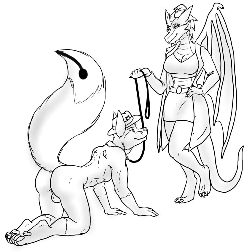 2024 all_fours anthro backsack balls barefoot black_and_white bottomwear breasts canid canine clothed clothed_anthro clothed_female clothing coat collar dragon duo european_mythology feet female fluffy fluffy_tail fox genitals hi_res lab_coat leash leashed_collar male mammal medium_breasts metalmanda monochrome mythological_creature mythological_scalie mythology non-mammal_breasts nude nude_anthro nude_male pawpads scalie setta_flamowitz skirt sly_asakura standing tail topwear wearing_hat western_dragon wings