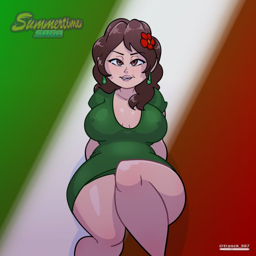 1girls 2d 2d_(artwork) big_breasts biting_lip biting_own_lip breasts brown_hair cleavage curvaceous curves curvy curvy_body curvy_female curvy_figure digital_drawing_(artwork) dress erect_nipples female female_focus female_only flower flower_in_hair fower fran_arts italian italian_flag light-skinned_female light_skin maria_(summertime_saga) nipples nipples_visible_through_clothing showing_off summertime_saga thick_thighs watermark