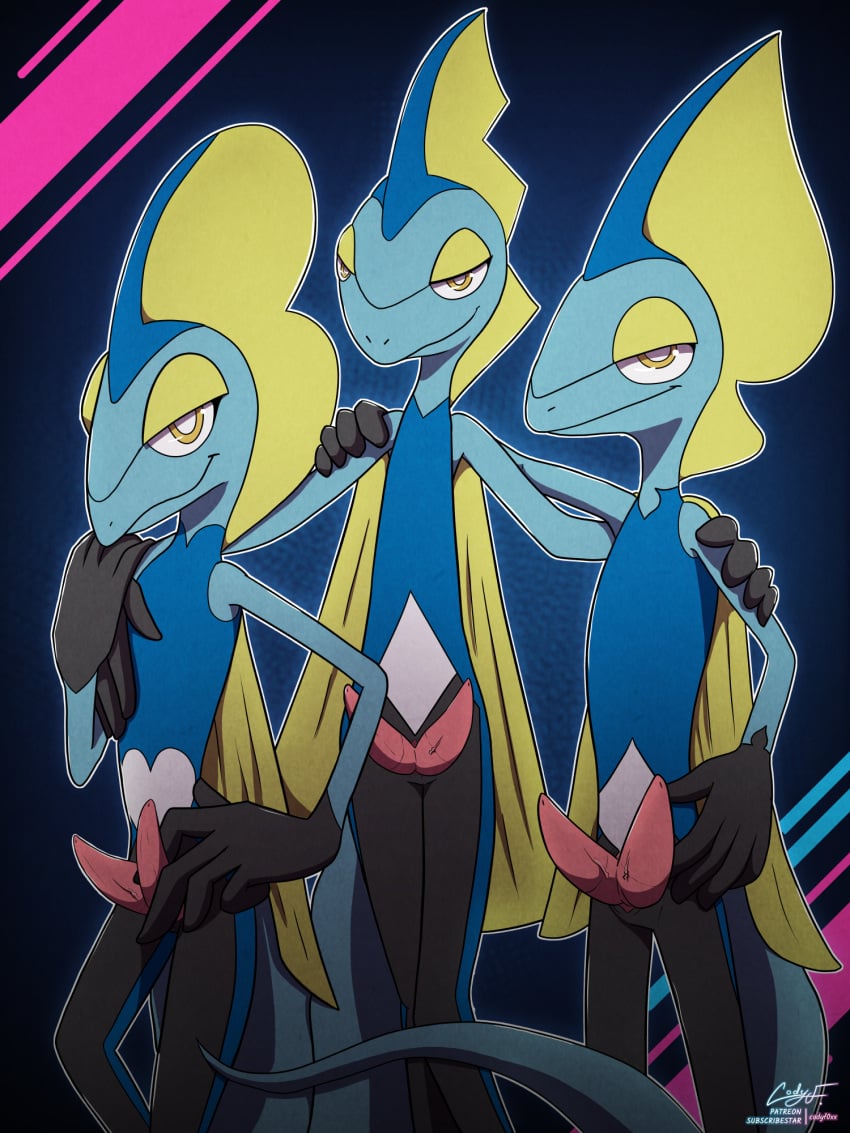 2_penises animal_genitalia animal_penis blue_body bottomwear brother_(lore) brothers_(lore) clothed clothing codyf0xx diphallia diphallism dipstick_limbs english_text fishnet_clothing fishnet_topwear generation_8_pokemon genitals hemipenes hi_res inteleon jin_(reiss) lin_(reiss) male multi_genitalia multi_penis nintendo penile penis pokemon pokemon_(species) pokemon_starter poster poster_design rin_(reiss) shorts sibling_(lore) text topwear yellow_eyes zootopia_shorts