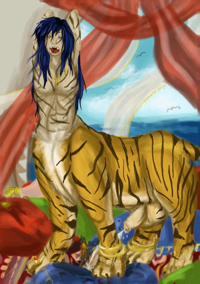 feline kaeaskavi male_focus male_only nude open_mouth oriental peeing taur tiger urine watersports yawn