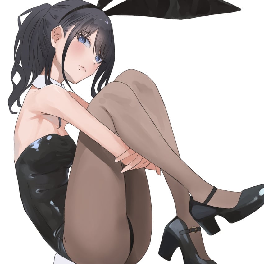 armpits bare_arms bare_shoulders black_hair black_leotard blue_eyes blush breasts brown_pantyhose bunny_ears bunnysuit cleavage closed_mouth detached_collar female high_heels idolmaster idolmaster_shiny_colors kazano_hiori leotard long_hair mole mole_under_eye pantyhose ponytail small_breasts strapless_leotard thighs umirororo