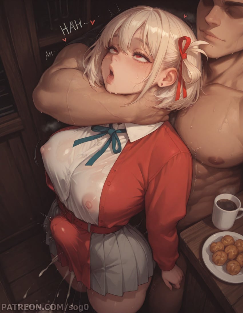 1boy 1boy1girl 1girls ai_generated big_ass big_breasts blonde_hair breasts collarbone curvy female large_breasts large_penis light-skinned_female light-skinned_male lightlight_skin lycoris_recoil male nishikigi_chisato patreon patreon_username penis red_eyes red_ribbon ribbon short_hair sogo voluptuous voluptuous_female
