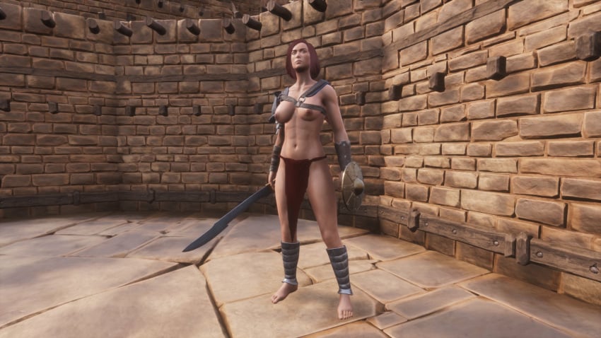 1girls 3d age-undreamed-of conan_exiles female gladiatrix loincloth shield solo sword weapon