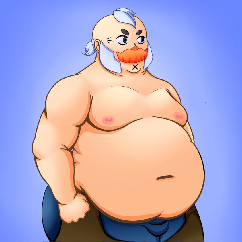 bara brawl_stars daddy dilf exposed_breasts fat gay hair makjhus male moustache muscular old sam_(brawl_stars) seductive solo solo_male