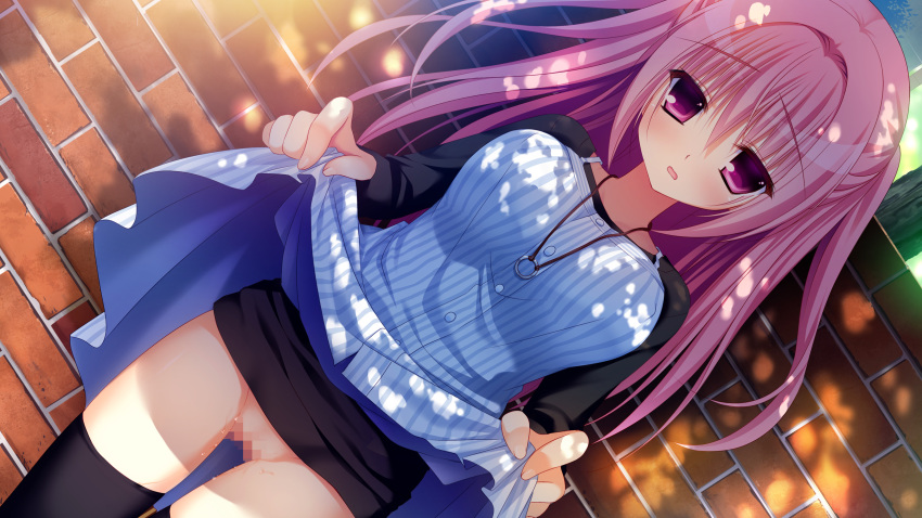 :o black_legwear censored clothing dress dress_lift female game_cg highres kanadome_miyako nanaca_mai nanaka_mai no_panties nopan pink_eyes pink_hair pure_girl purple_eyes pussy pussy_juice skirt skirt_lift thighhighs vagina