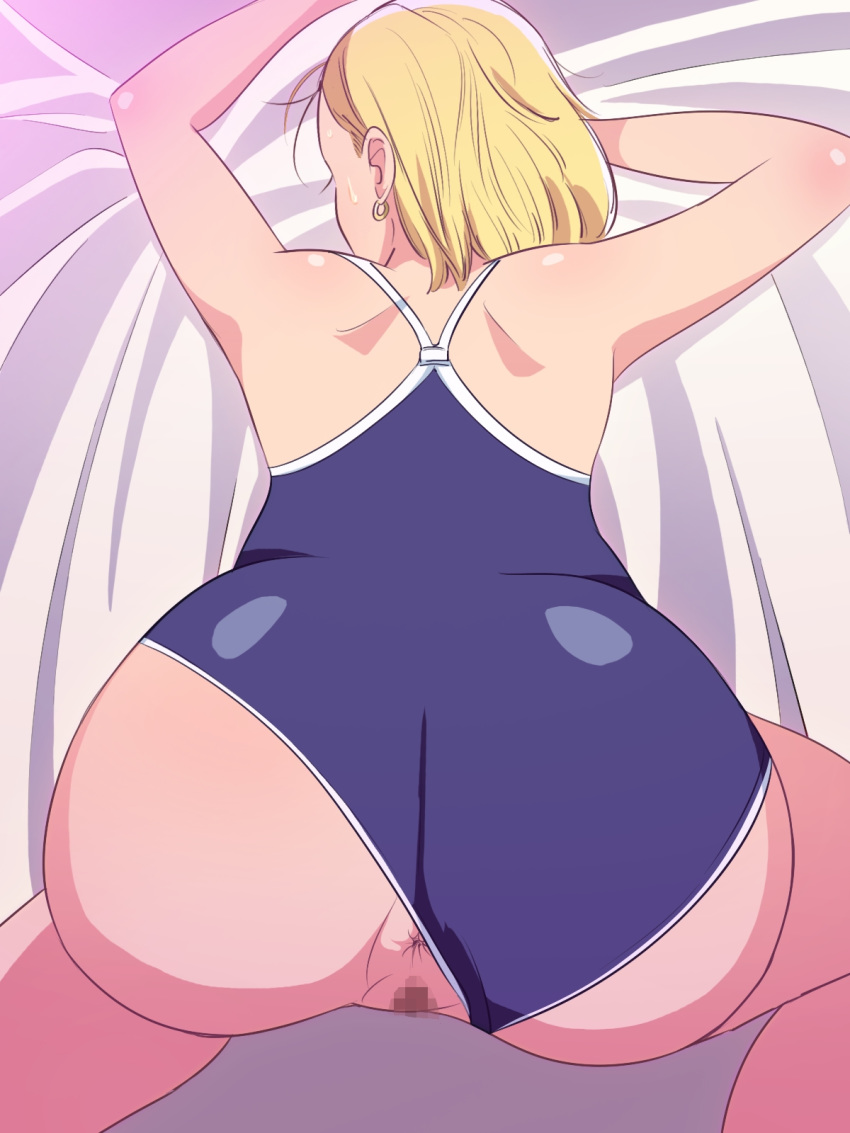 all_fours android_18 anus ass back bare_shoulders bed blonde_hair censored dragon_ball dragon_ball_z earrings erodon_hearts female female_only huge_ass human pussy short_hair solo sweat swimsuit