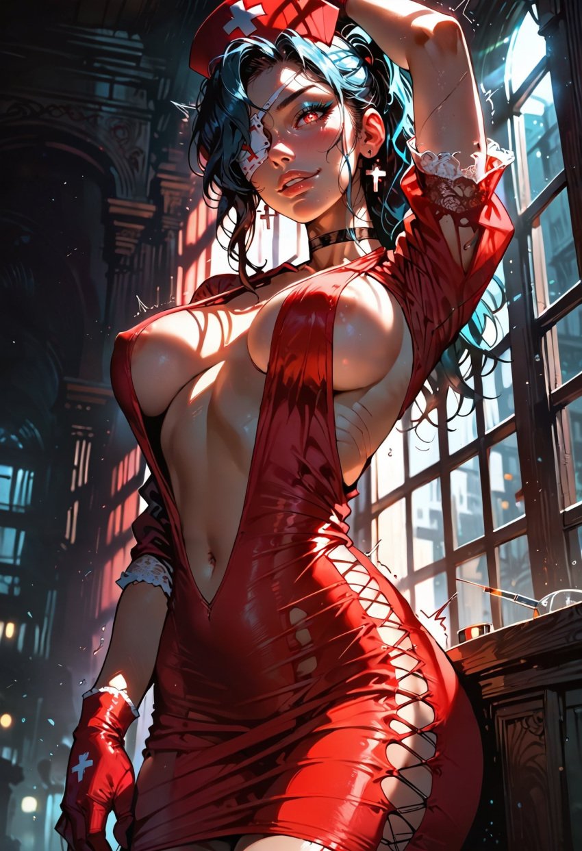 ai_generated areola_slip blue_hair breasts_apart cleavage earrings eye_patch gloves large_breasts manofmidas nurse red_dress red_eyes red_gloves sideboob skullgirls thighhighs underboob valentine_(skullgirls)
