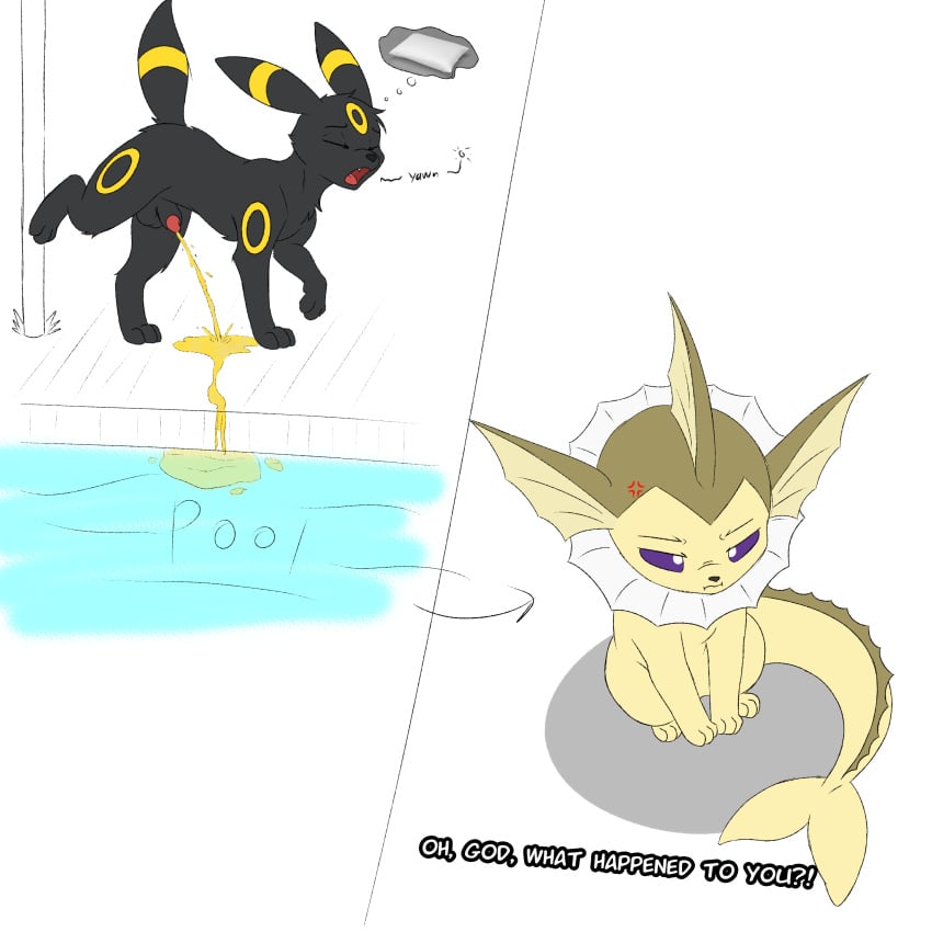 absurd_res angry balls black_body black_fur bodily_fluids canid canine digital_media_(artwork) eeveelution english_text feral first_person_view fur generation_1_pokemon generation_2_pokemon genital_fluids genitals hi_res hiked_leg mammal nintendo open_mouth peeing penis penis_tip pokemon pokemon_(species) raised_leg simple_background tail text umbreon urine vaporeon watersports whyvern yawn yellow_body