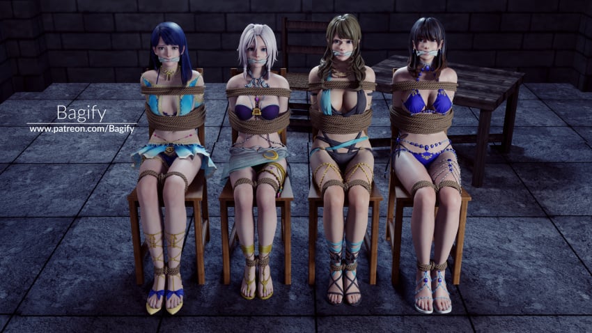 3d 4girls bagify bikini black_hair blue_hair bondage brown_hair chair dead_or_alive females_only gag gagged lobelia_(dead_or_alive) luna_(doa) monica_(doa) multiple_girls nanami_(doa) swimsuit white_hair