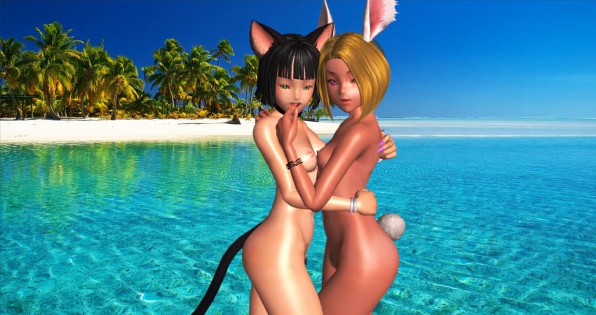 2girls 3d animal_ears black_hair blonde_hair cat_ears cat_tail completely_nude completely_nude_female dabnis-sinbad female females_only nude nude_female original rabbit_ears tail xnalara