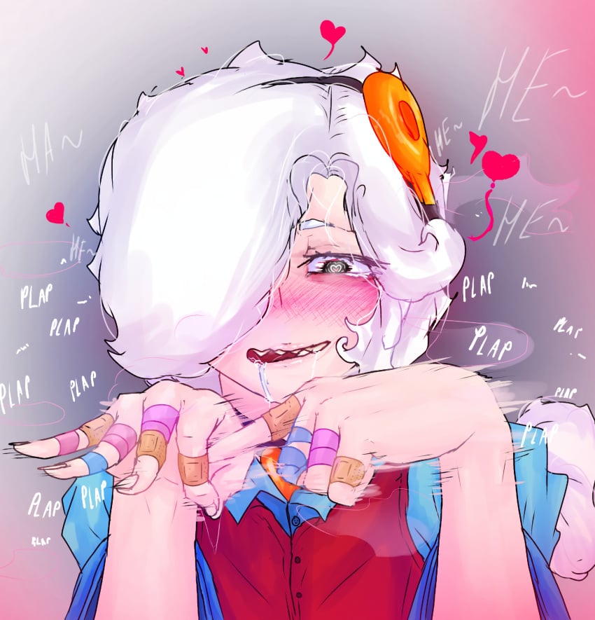 brawl_stars choker colette_(brawl_stars) erotic fingers hand nail_polish nails ponytail saliva saliva_drip saliva_string saliva_trail supercell thbahabu_pajn357 white_body white_hair white_shirt
