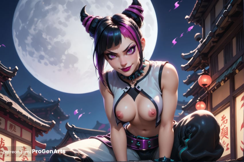 1girls ai_generated architecture baggy_pants bare_shoulders belt black_hair bracelet breasts capcom collar east_asian_architecture female full_moon hair_horns hi_res juri_han lantern looking_at_viewer makeup medium_breasts moon multicolored_hair navel night nipples open_clothes outdoors pants patreon_username progenarts purple_eyes purple_hair purple_lips smile solo spiked_choker spiked_collar spikes street_fighter street_fighter_6 two-tone_hair web_address