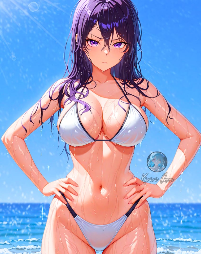 2025 ai_generated angry angry_at_viewer angry_expression angry_face angry_female anime bambietta_basterbine beach_background belly bleach crunchyroll hands_on_hips instagram looking_at_viewer meta not_porn purple_eyes_female purple_hair_female tummy unknown_artist wet_bikini wet_body wet_hair wet_skin
