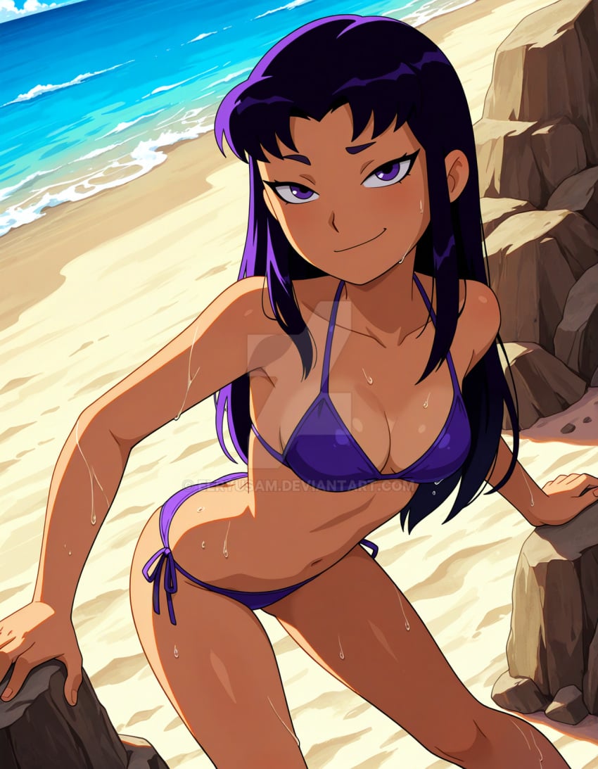 2025 ai_generated beach_background belly blackfire cartoon_network dc_comics deviantart elryusam grinning_at_viewer looking_at_viewer meta orange_body orange_skin purple_bikini purple_eyebrows purple_eyes_female purple_hair_female smile_at_viewer smiling_at_viewer teen_titans tummy wet_bikini wet_body wet_skin