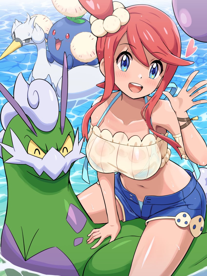1girls :d absurdres alternate_costume bikini bikini_under_clothes bikini_under_shorts blue_eyes blue_shorts breasts crop_top female hand_up heart highres jumpluff large_breasts legendary_pokemon nintendo official_alternate_costume one_side_up open_fly open_hand open_mouth pokemoa pokemon pokemon_(creature) pokemon_bw pokemon_masters pokemon_masters_ex red_hair riding short_shorts shorts sitting skyla_(pokemon) skyla_(summer_2025)_(pokemon_masters) smile soaking_feet swanna swimsuit tan thighs tornadus tornadus_(therian_form) water