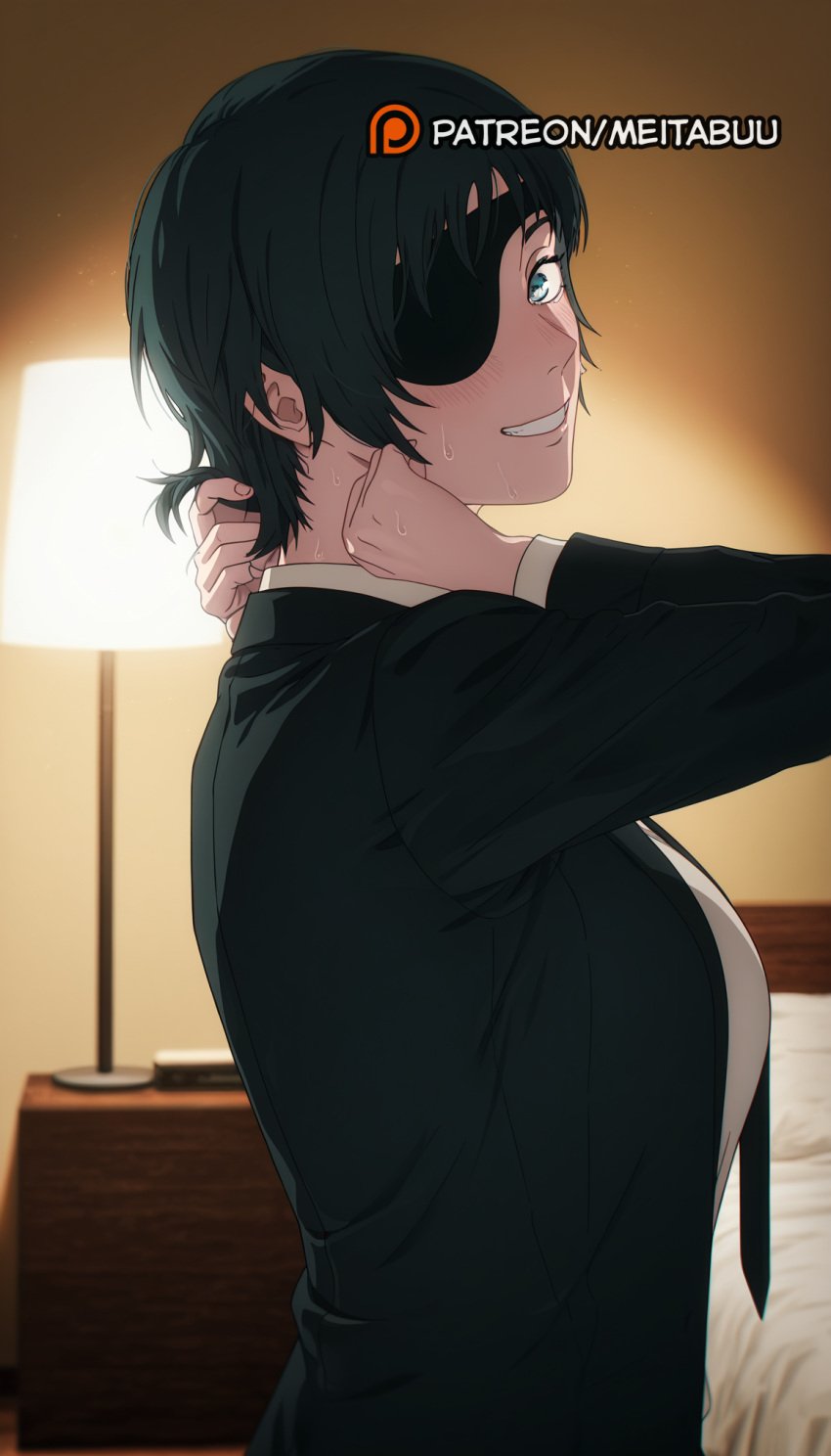 bed bedroom black_hair black_jacket black_necktie blue_eyes blush breasts chainsaw_man collared_shirt eyepatch female formal from_side grin hand_on_own_neckhimeno_(chainsaw_man) himeno_(chainsaw_man) indoors jacket lamp large_breasts long_sleeves looking_at_viewer looking_to_the_side meitabuu necktie on_bed one_eye_covered shirt short_hair smile solo suit suit_jacket sweat upper_body white_shirt