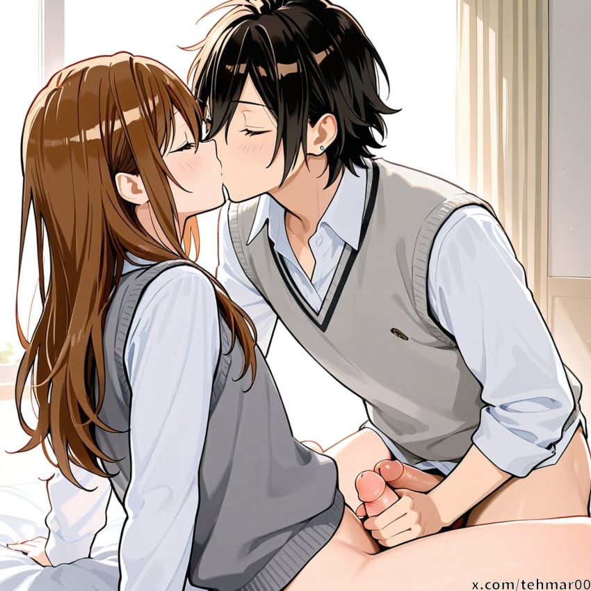 2boys ai_generated bedroom black_hair bottomless brown_hair closed_eyes femboy genderswap_(ftm) hori_kyouko horimiya kissing long_hair male masturbation miyamura_izumi penis rule_63 sweater_vest tagme tehmar trap white_shirt yaoi
