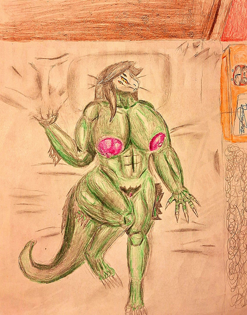 anthro bed big_breasts big_nipples breasts crocodile crocodilian female huge_breasts lying lying_on_back muscular muscular_female scalie scp-682 scp_foundation skull_head terminatormkii traditional_media_(artwork)