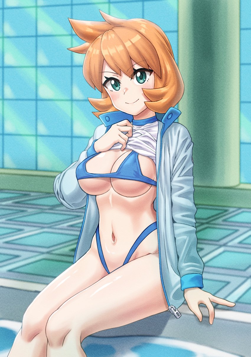 bikini bikini_under_clothes blue_bikini blush breasts cleavage closed_mouth clothes_lift collarbone competition_swimsuit female female_focus green_eyes gym_leader hand_up highleg highres indoors jacket kasumi_(pokemon) knees large_breasts legs legs_together lifting_own_clothes long_sleeves looking_at_viewer medium_hair misty_(pokemon_hgss) navel nintendo nipples one-piece_swimsuit open_clothes open_jacket orange_hair pokemon pokemon_gsc pokemon_hgss pool poolside shirt shirt_lift short_hair sitting smile solo sportswear stomach swimsuit swimsuit_under_clothes thick_thighs thighs tile_floor tiles track_jacket water