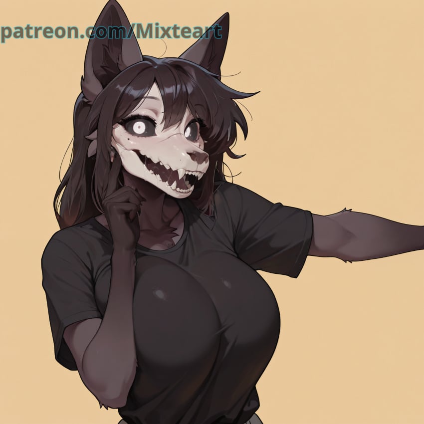 1girls ai_generated anthro big_breasts black_body black_fur black_hair breasts breasts_bigger_than_head cute cute_face female female_focus furry furry_ears furry_female highres huge_breasts large_breasts long_hair looking_at_viewer mal0 malo mature_female mixteart monster_girl open_mouth open_smile patreon scp-1471 scp-1471-a scp_foundation shirt skull_head smile solo solo_female thick thick_female thick_thighs thighs watermark wolf wolf_girl