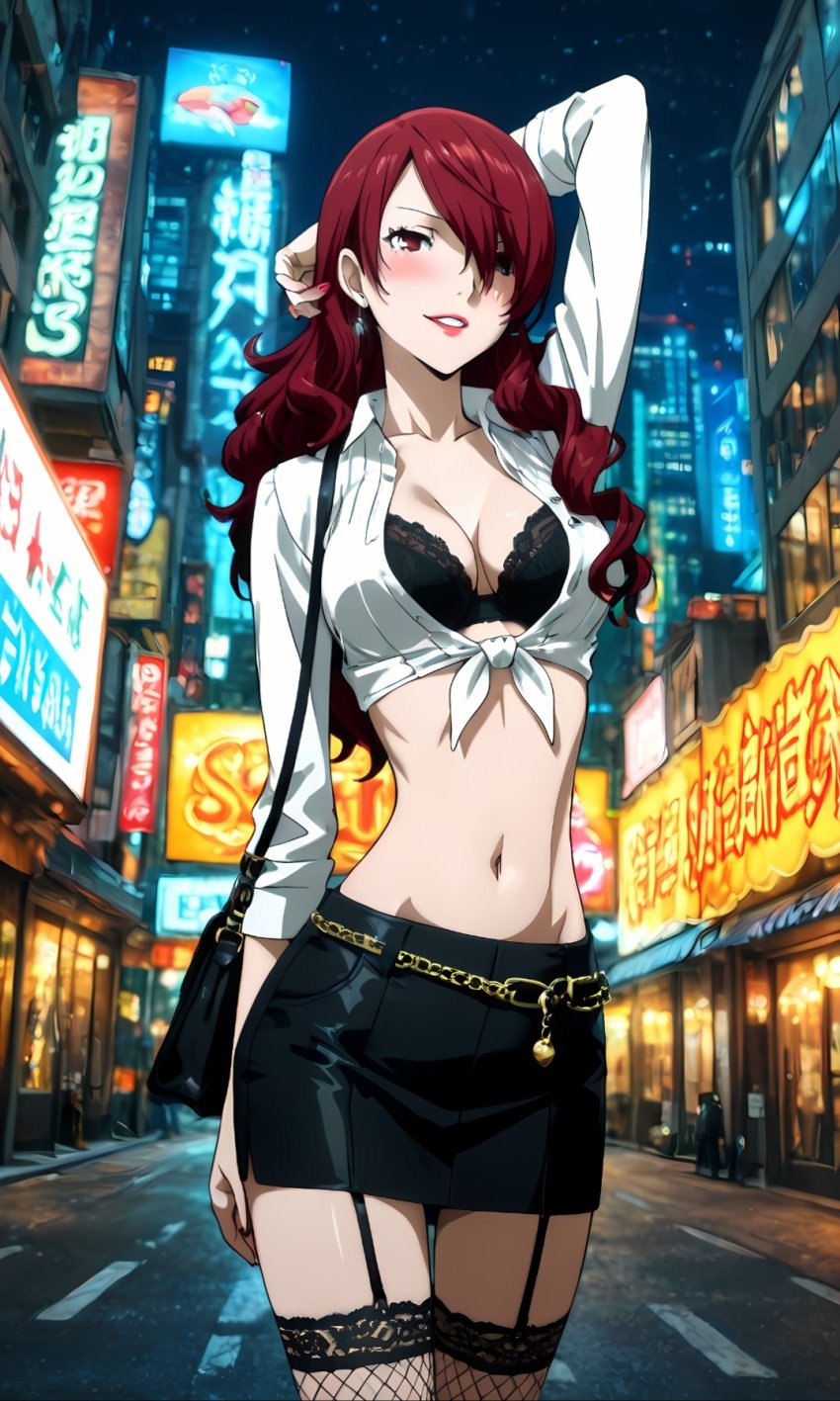 ai_generated alluring anime beautiful bra city cleavage confident fishnets hair_over_one_eye large_breasts lipstick makeup midriff miniskirt mitsuru_kirijo navel perky_breasts persona persona_3 posing prostitute prostitution purse red_eyes red_hair seductive sexy showing_off skimpy_clothes skinny slim_waist smile tied_shirt whored_out