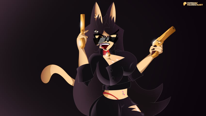1girls black_jacket cat_ears cat_girl cat_tail catgirl ear_ring earrings facuwu696art facuwu_(facuwu696art) female glasses gun guns hazbin_hotel hazbin_hotel_oc helluva_boss helluva_boss_oc jacket oc original_character piercing piercings sexy sunglasses