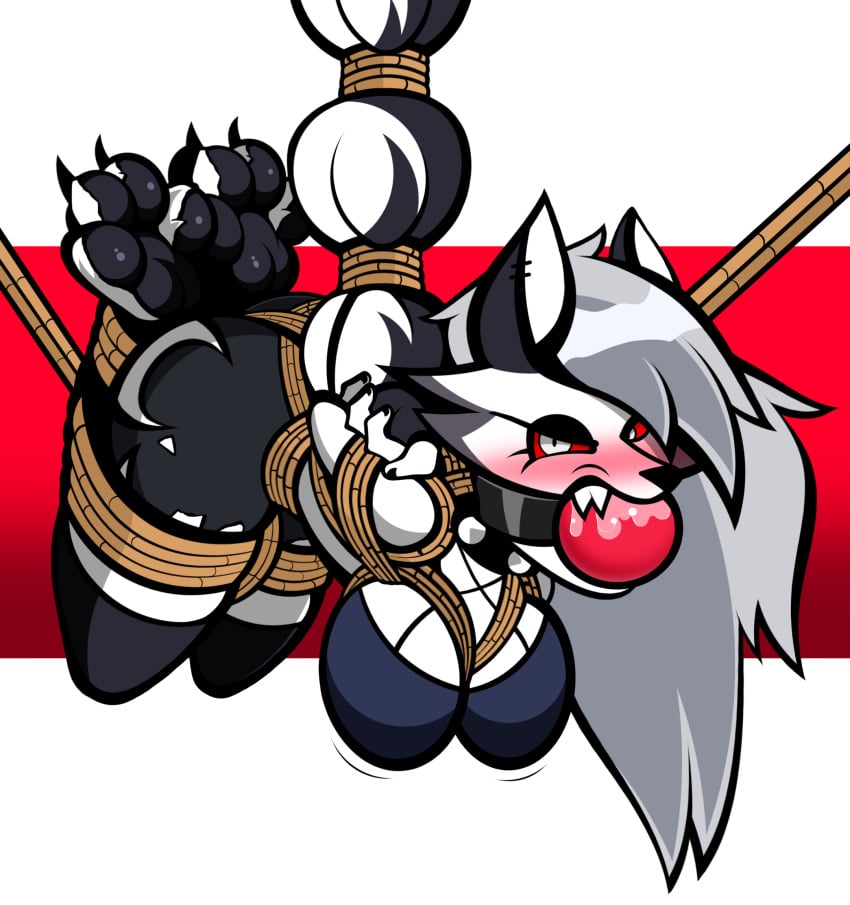 1girls angry anthro big_breasts blush bondage breasts crop_top ears female furry grey_fur grey_hair hellhound helluva_boss long_hair looking_at_viewer loona_(helluva_boss) mouth_gag no_bra red_sclera shirt shorts spiked_collar spindlehorse_toons thighhighs two_tone_body two_tone_fur white_body white_eyes white_fur wolf wolf_girl zander-chan