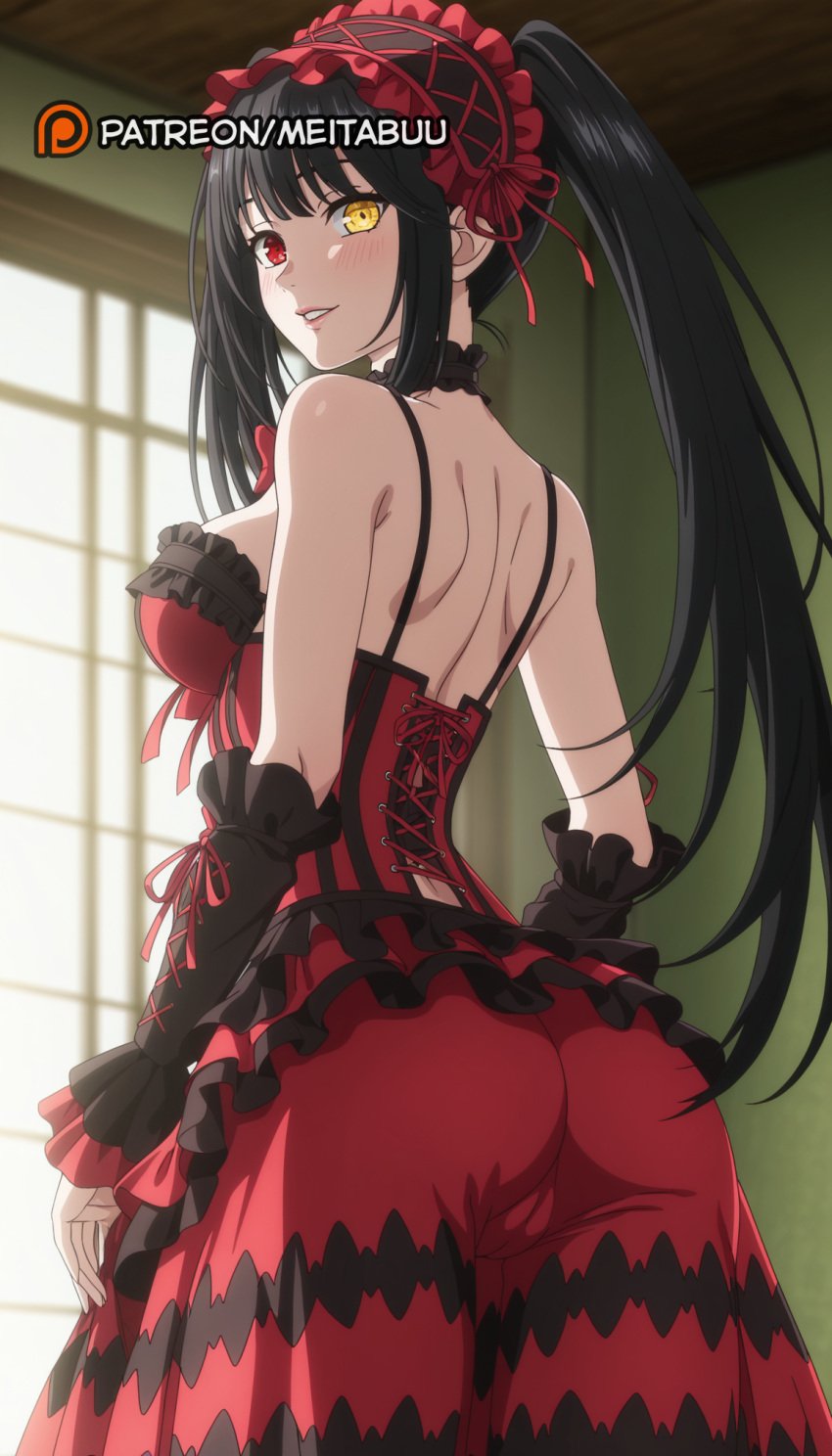 ai_generated ass back bare_shoulders black_choker black_hair breasts cameltoe choker clock_eyes cowboy_shot cross-laced_clothes cross-laced_dress detached_sleeves dress female frilled_choker frilled_dress frilled_hairband frilled_sleeves frills from_behind gothic_lolita grin hairband heterochromia indoors large_breasts lolita_fashion lolita_hairband long_hair looking_at_viewer looking_back medium_breasts parted_lips red_dress red_eyes red_ribbon shoulder_blades smile solo spaghetti_strap symbol-shaped_pupils tokisaki_kurumi twintails window yellow_eyes