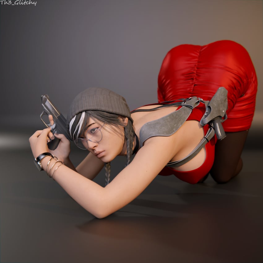 1girls 3d ada_wong_(cosplay) cosplay dokkaebi_(rainbow_six) female holding_object holding_weapon rainbow_six_siege solo standing th3_glitchy