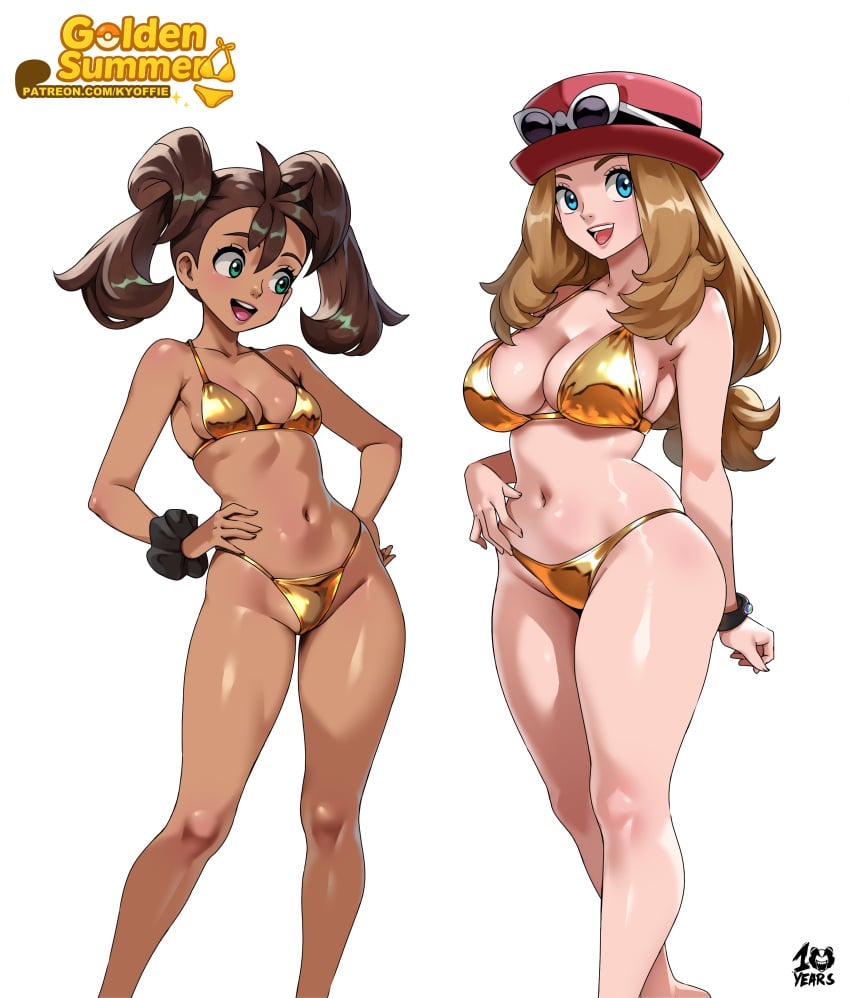 2girls armwear big_breasts bikini bikini_bottom bikini_top blonde_hair blue_eyes bottomwear brown_hair chocolate_and_vanilla cleavage female female_only game_freak gold_bikini golden_week golden_week_bikini hair hand_on_hip hat headwear hips kyoffie long_hair pokemon pokemon_xy scrunchie serena_(pokemon) shauna_(pokemon) small_breasts smile sunglasses sunglasses_on_hat swimwear topwear twintails