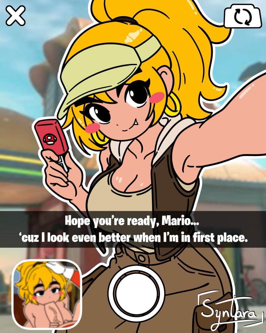 anthro baggy_pants big_breasts blonde_hair blush camera_view cute_fang female female female_only flirting gold_hoop_earrings goomba goombella hoodie iamsyntara long_hair looking_at_viewer mario mario_(series) mario_kart_world mature mature_female nintendo pink_body ponytail selfie simple_background simple_coloring smile solo solo_female super_mario_bros. text visor_cap
