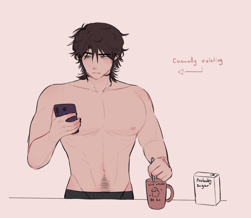 1boy 2022 2d 2d_(artwork) among_us bara black_nail_polish comic crewmate_(among_us) digital_drawing_(artwork) digital_media_(artwork) dumeefany five_nights_at_freddy&#039;s light-skinned_male light_skin male meme michael_afton mug muscular muscular_male nail_polish phone pissgag pubes pubic_hair shirtless smartphone solo spoon