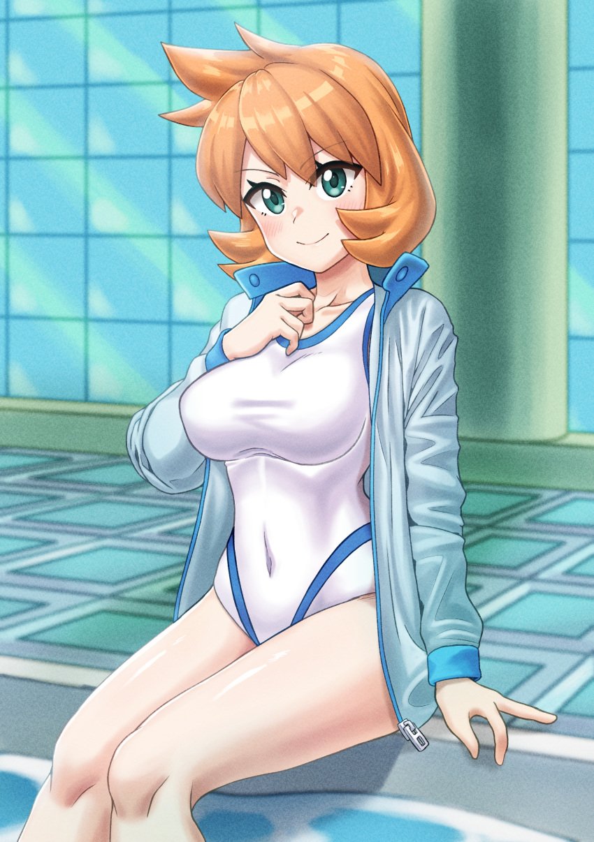 absurdres bare_legs blue_jacket blush breasts closed_mouth collarbone competition_swimsuit covered_navel female female_focus green_eyes gym_leader hand_on_own_chest hand_up highleg highres indoors jacket kasumi_(pokemon) large_breasts legs long_sleeves looking_at_viewer medium_breasts navel nintendo one-piece_swimsuit open_clothes open_jacket orange_hair partially_submerged pokemon pokemon_gsc pokemon_hgss pool poolside short_hair sitting smile soaking_feet solo sportswear swimsuit thick_thighs thighs tile_floor tiles track_jacket water white_one-piece_swimsuit