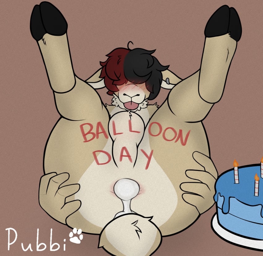 anthro ass balls birthday blush bodily_fluids body_writing border_leicester bovid caprine covered_eyes cum cum_inside digital_media_(artwork) domestic_sheep fur genital_fluids genitals hair hi_res looking_at_viewer male mammal nude pubbipaws sheep simple_background smile solo spread_butt spreading tongue tongue_out