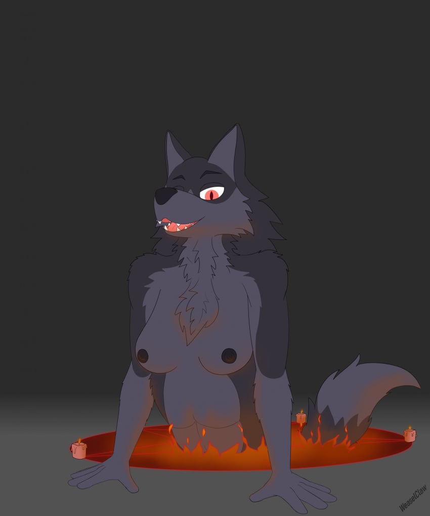anthro breasts candle candlelight canid canid_demon canine clothed clothing demon female hellhound hi_res light mammal mythological_canine mythological_creature mythology nipples nude nude_anthro nude_female occult_symbol pentagram smile solo summoning summoning_circle symbol topless weaselclaw